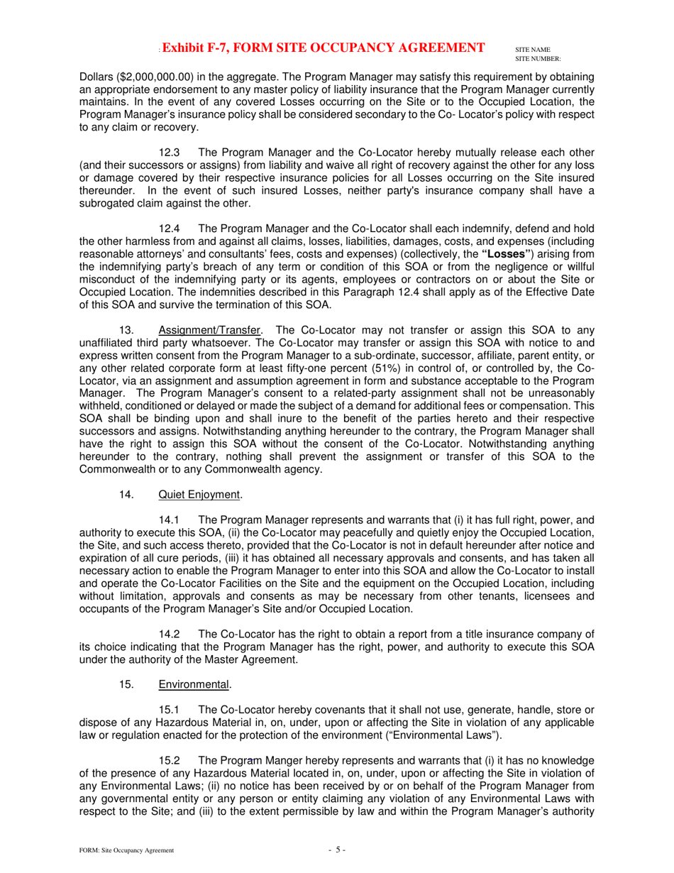 Exhibit F-7 Form Site Occupancy Agreement - Pennsylvania, Page 5
