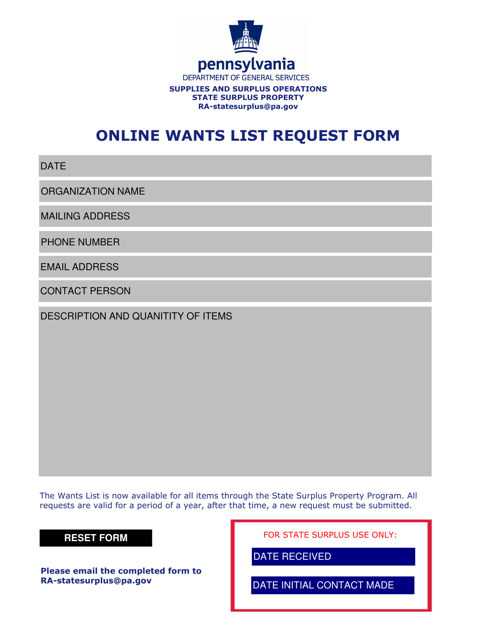 Online Wants List Request Form - Pennsylvania Download Pdf