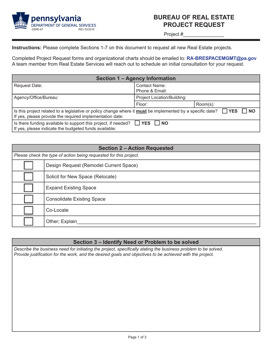 Form GSRE-67 Bureau of Real Estate Project Request - Pennsylvania, Page 1