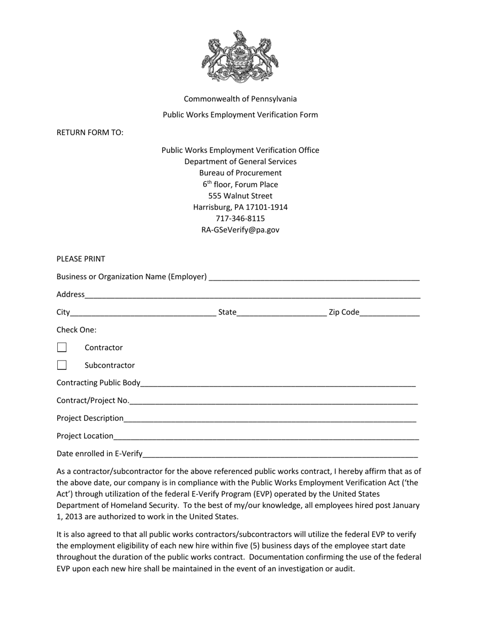 Public Works Employment Verification Form - Pennsylvania, Page 1