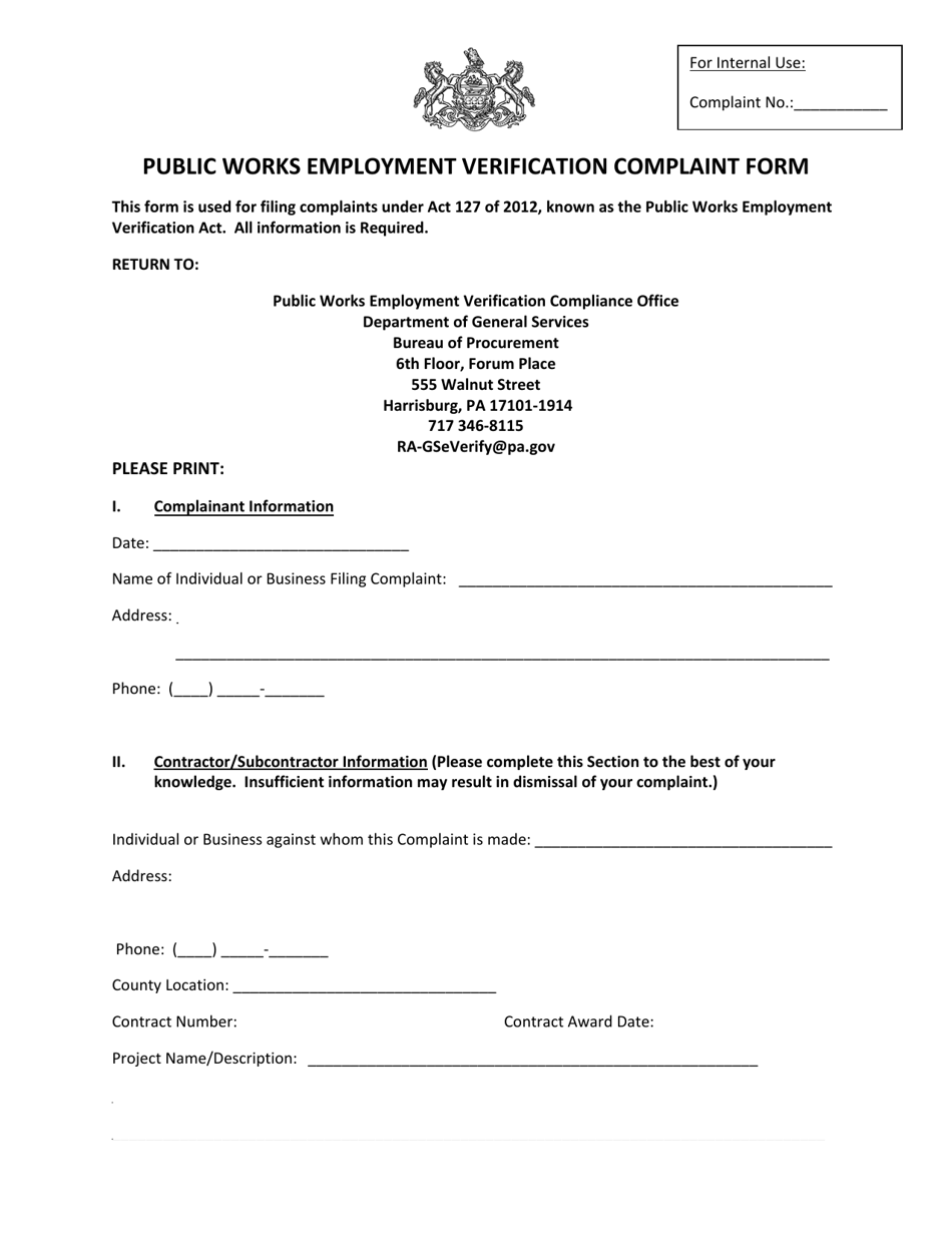 Pennsylvania Public Works Employment Verification Complaint Form Fill Out, Sign Online and