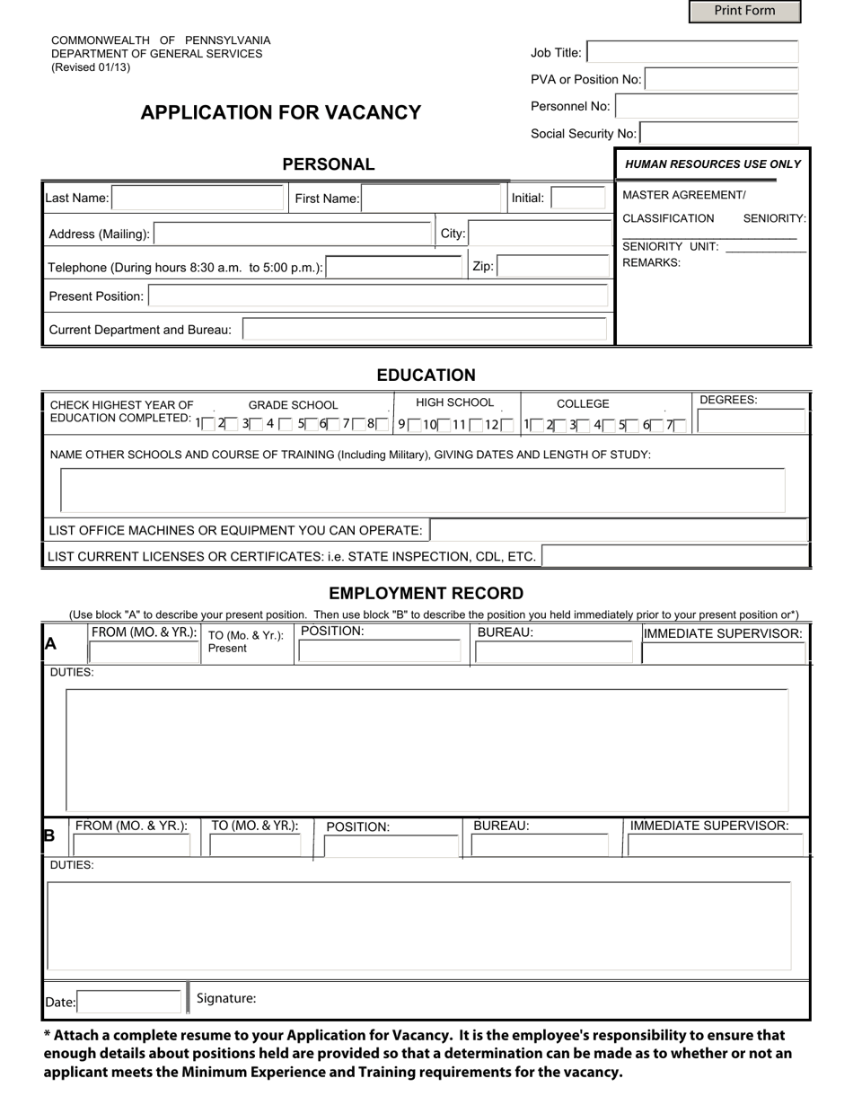 Application for Vacancy - Pennsylvania, Page 1
