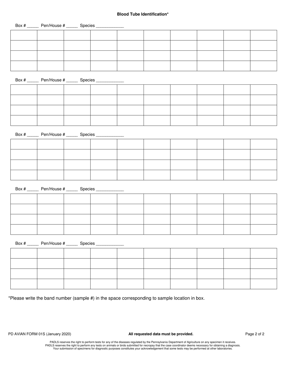 PD AVIAN Form 01S Pennsylvania Animal Diagnostic Laboratory System Supplemental Blood Tube Identification Form - Pennsylvania, Page 2