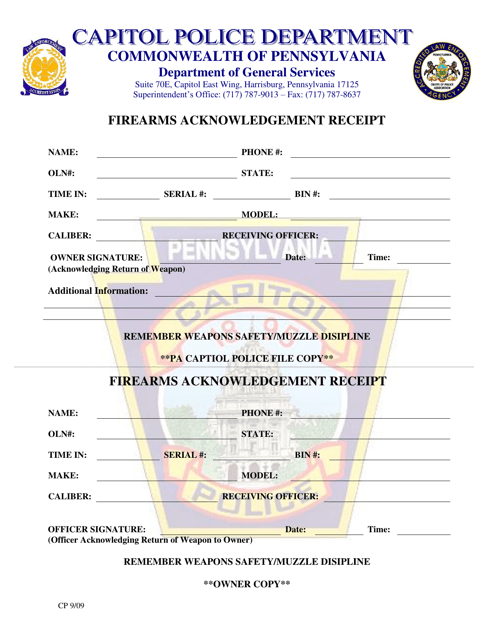Firearms Acknowledgement Receipt - Pennsylvania