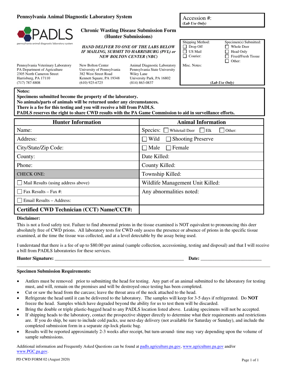 PD CWD Form 02 Chronic Wasting Disease Submission Form (Hunter Submissions) - Pennsylvania, Page 1