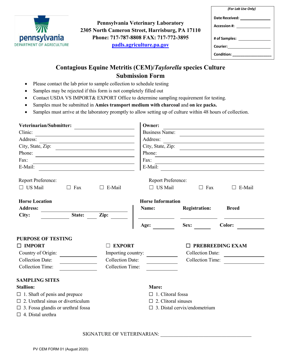 PV CEM Form 01 Contagious Equine Metritis (Cem) / Taylorella Species Culture Submission Form - Pennsylvania, Page 1