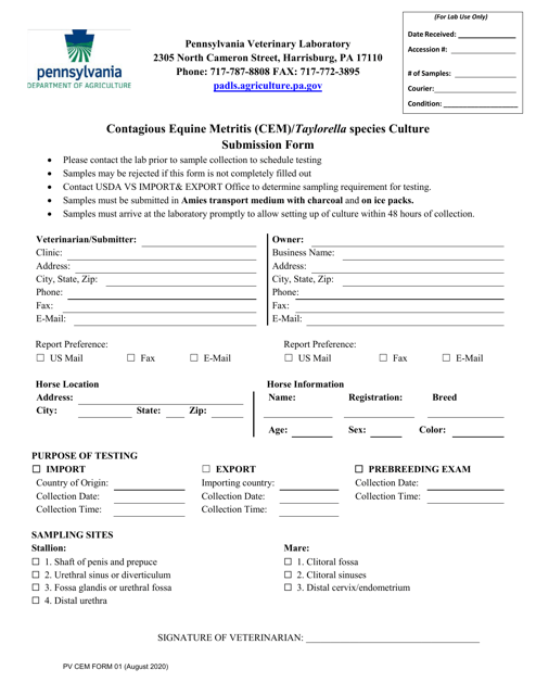 PV CEM Form 01 Contagious Equine Metritis (Cem)/Taylorella Species Culture Submission Form - Pennsylvania