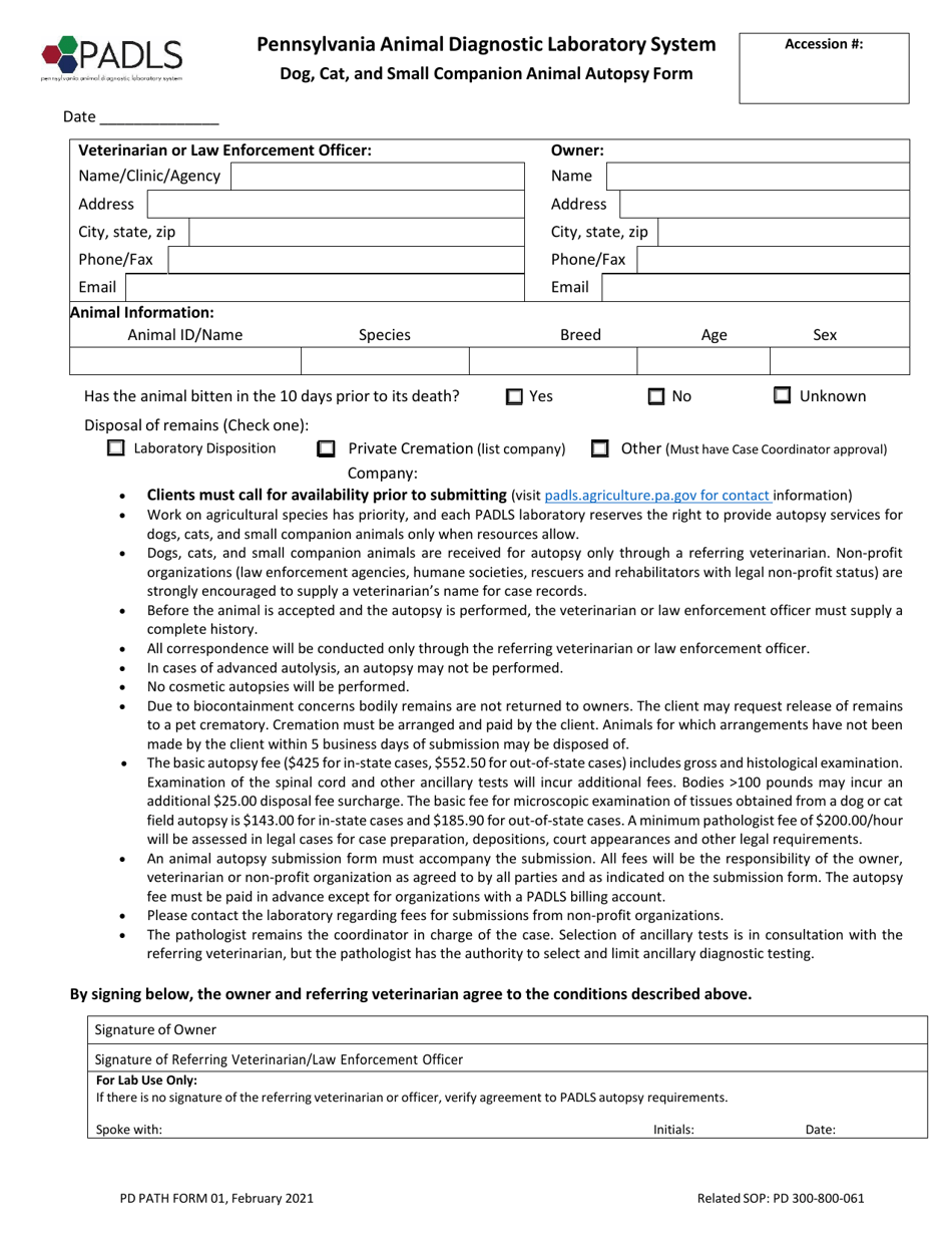 PD PATH Form 01 Dog, Cat, and Small Companion Animal Autopsy Form - Pennsylvania, Page 1