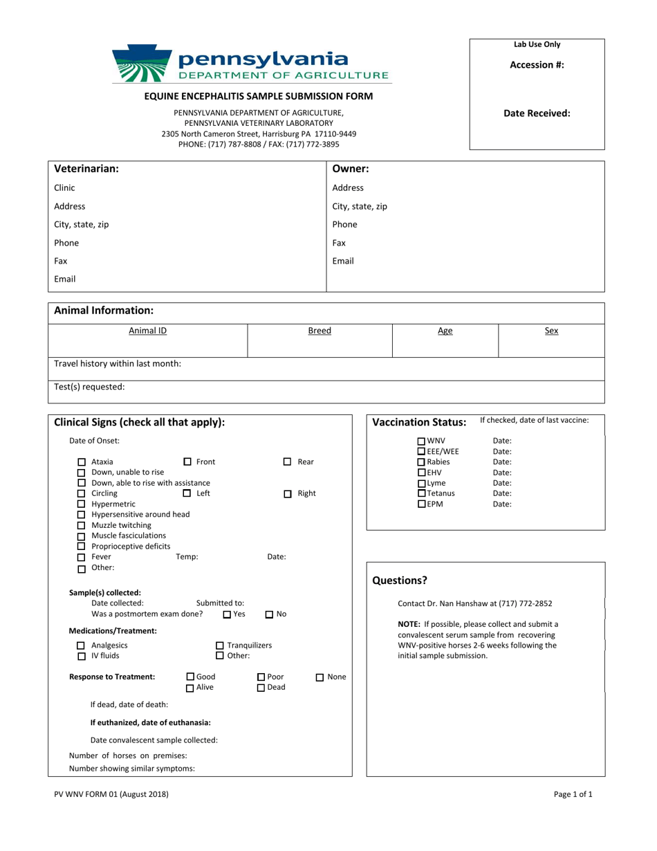 PV WNV Form 01 Equine Encephalitis Sample Submission Form - Pennsylvania, Page 1