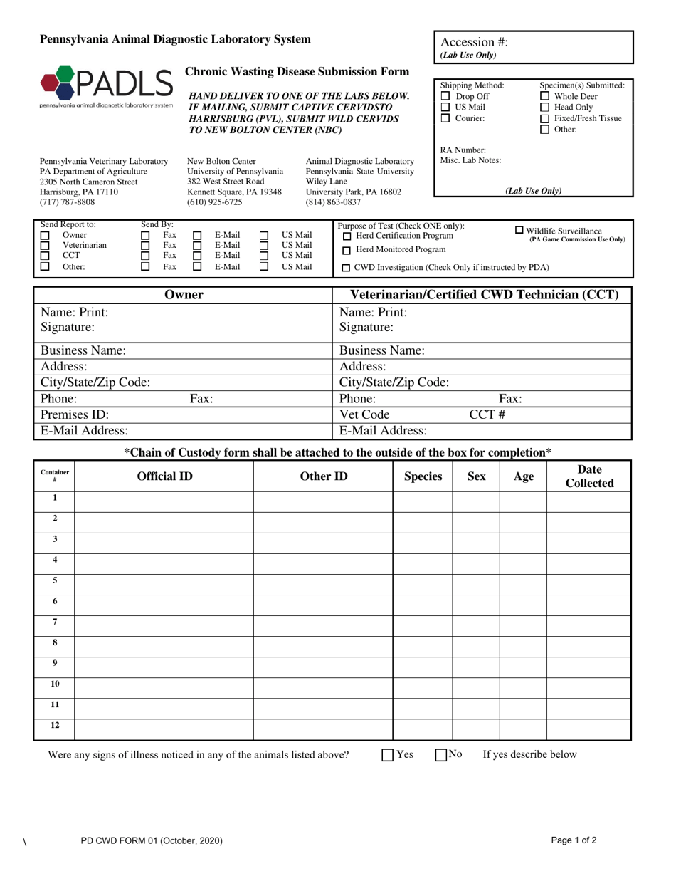 PD CWD Form 01 Chronic Wasting Disease Submission Form - Pennsylvania, Page 1