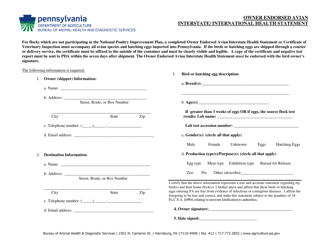 Document preview: Owner Endorsed Avian Interstate/International Health Statement - Pennsylvania