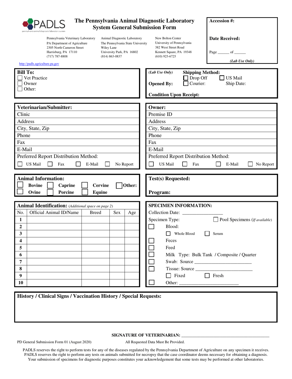 Form 01 System General Submission Form - Pennsylvania, Page 1