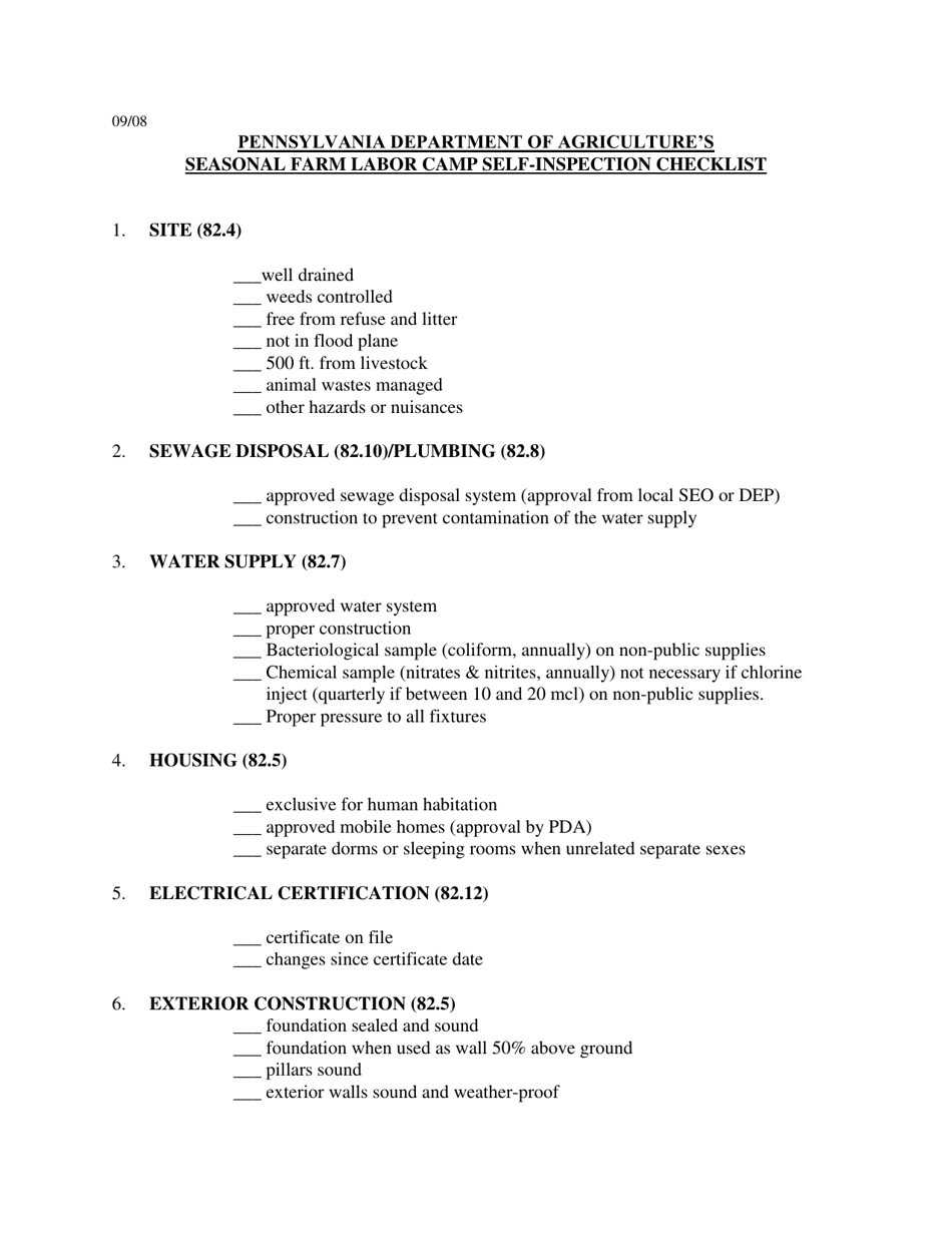 Seasonal Farm Labor Camp Self-inspection Checklist - Pennsylvania, Page 1