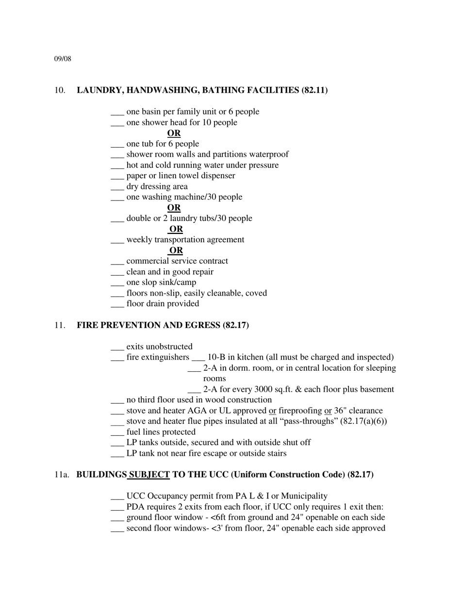 Seasonal Farm Labor Camp Self-inspection Checklist - Pennsylvania, Page 3