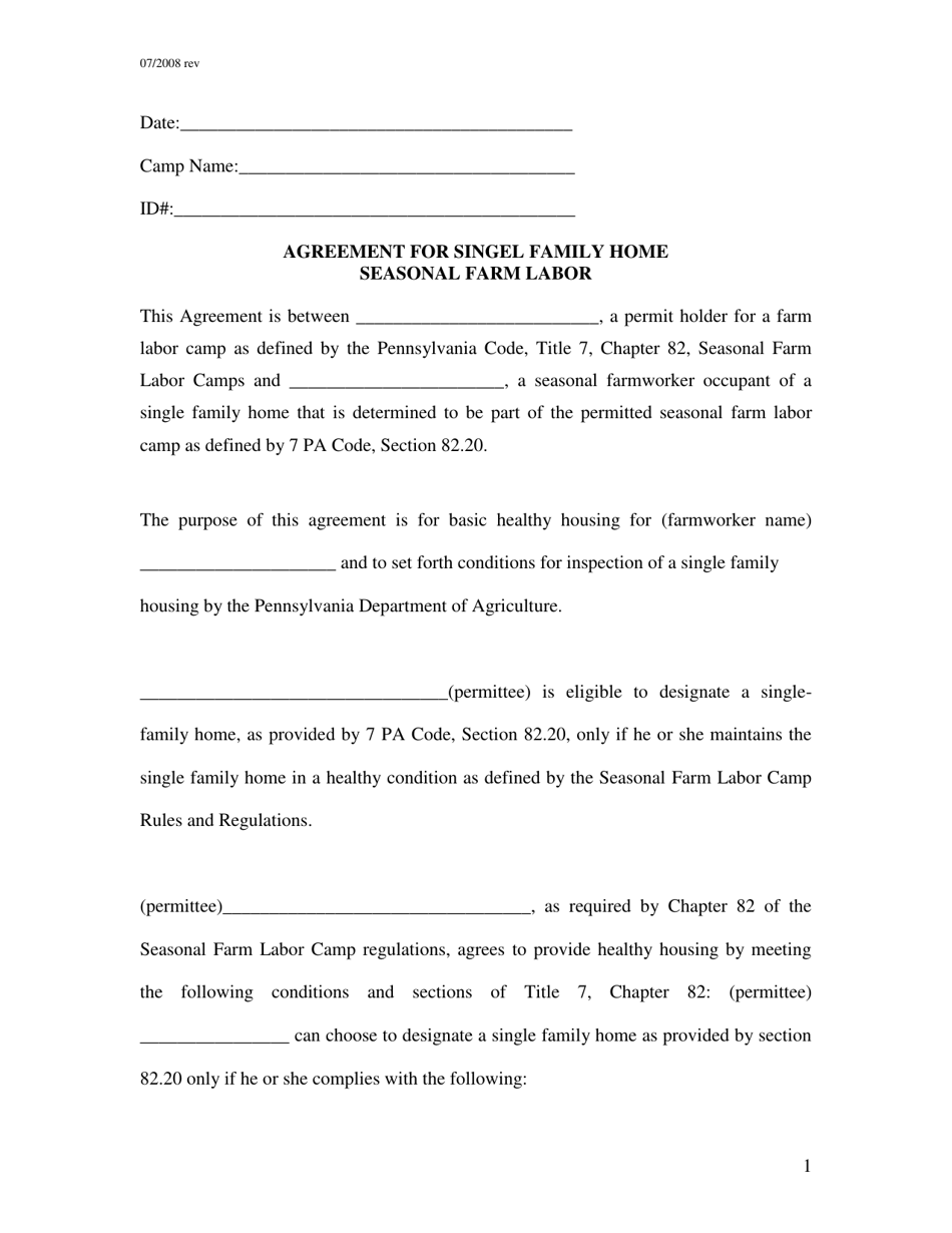 Agreement for Single Family Home Seasonal Farm Labor - Pennsylvania, Page 1