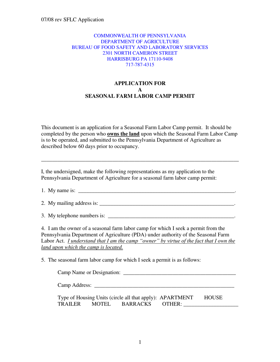 Application for a Seasonal Farm Labor Camp Permit - Pennsylvania, Page 1
