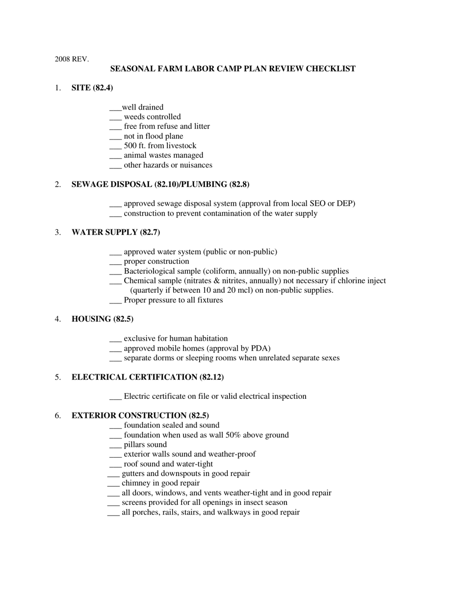 Seasonal Farm Labor Camp Plan Review Checklist - Pennsylvania, Page 1