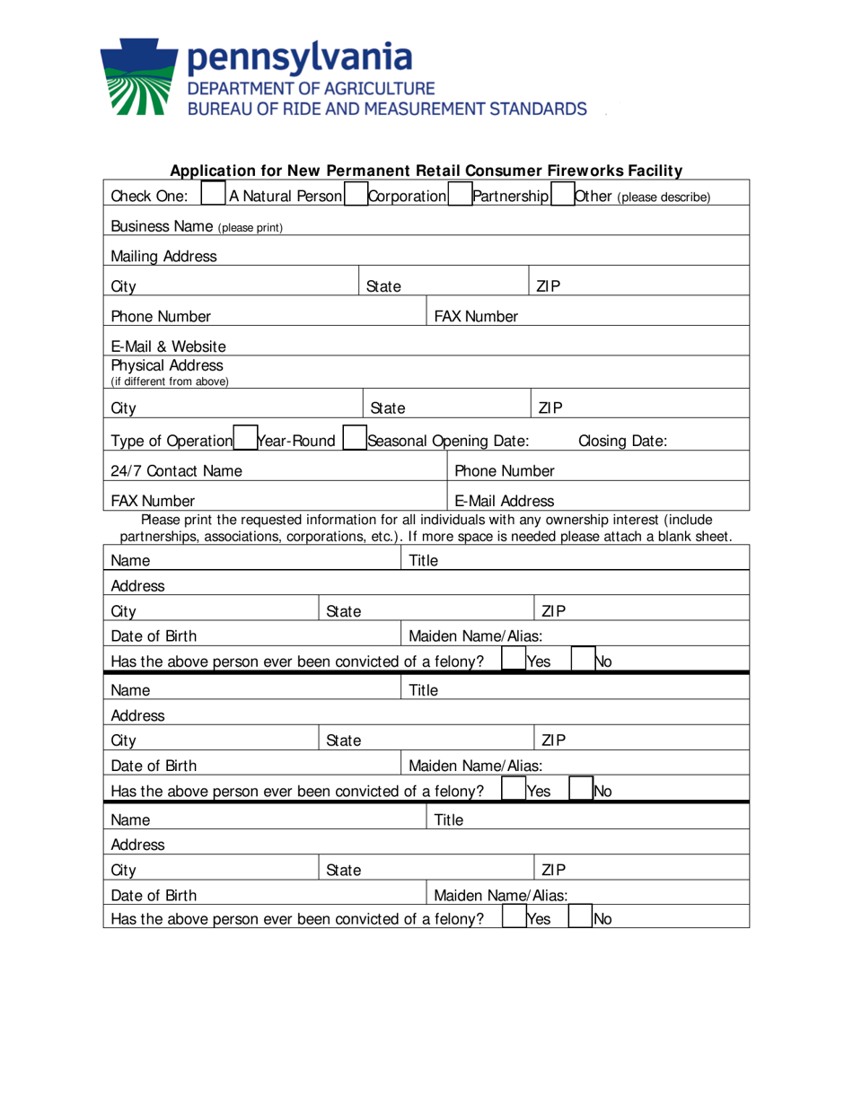 Pennsylvania Application for New Permanent Retail Consumer Fireworks ...
