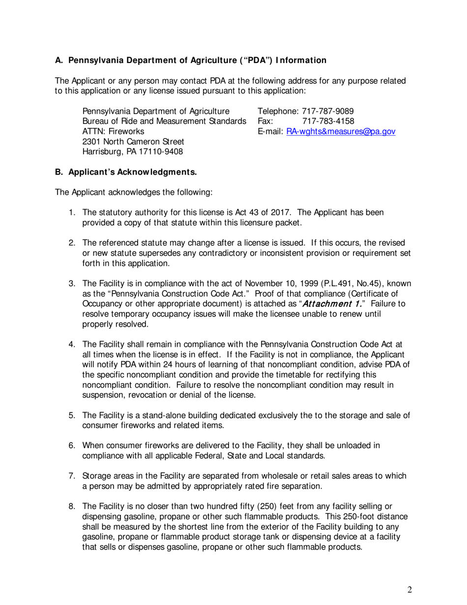 Application for New Permanent Retail Consumer Fireworks Facility - Pennsylvania, Page 2