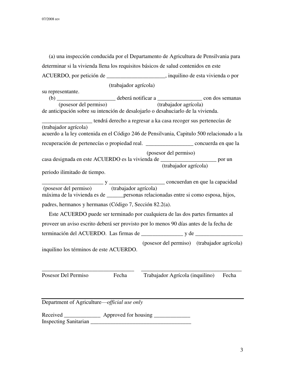 Acuerdo De Vivienda Para Familias Campamentos De Trabajo Agricola Temporario - Pennsylvania (Spanish), Page 3