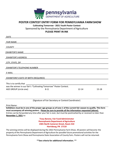 Poster Contest Entry Form for Pennsylvania Farm Show - Pennsylvania Download Pdf