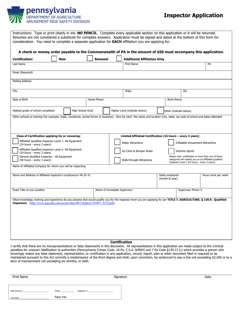 Pennsylvania Inspector Application Download Fillable PDF | Templateroller