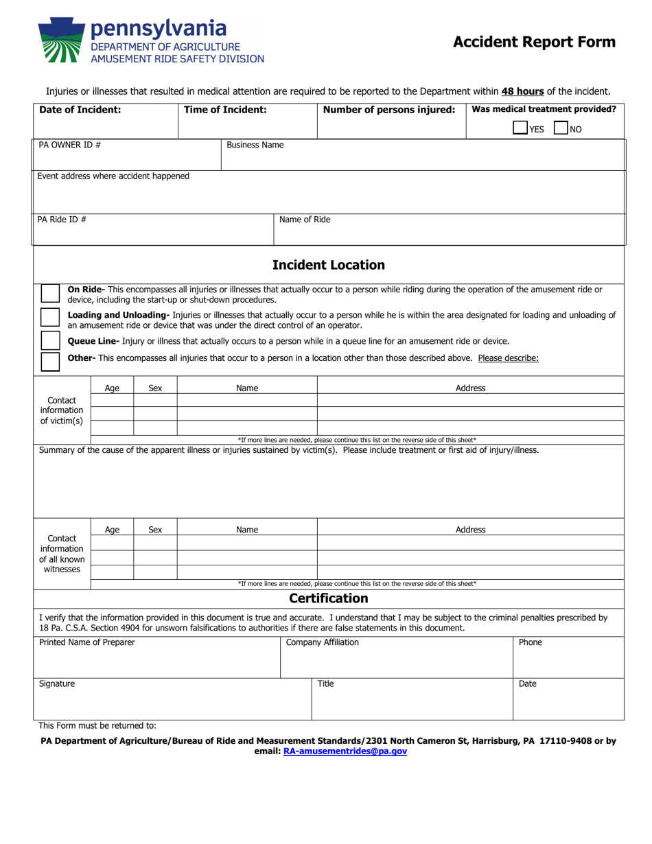 Accident Report Form - Pennsylvania, Page 1