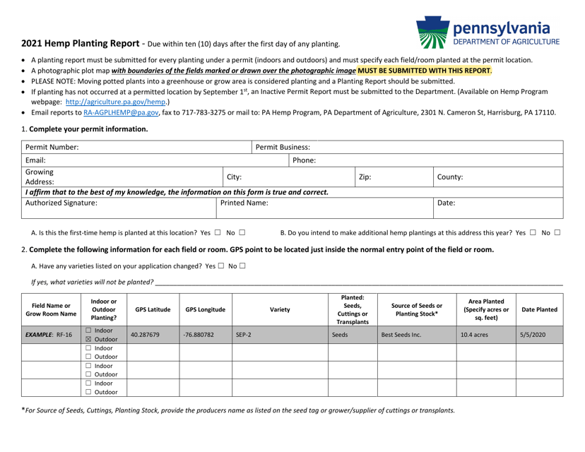 Hemp Planting Report - Pennsylvania, 2021