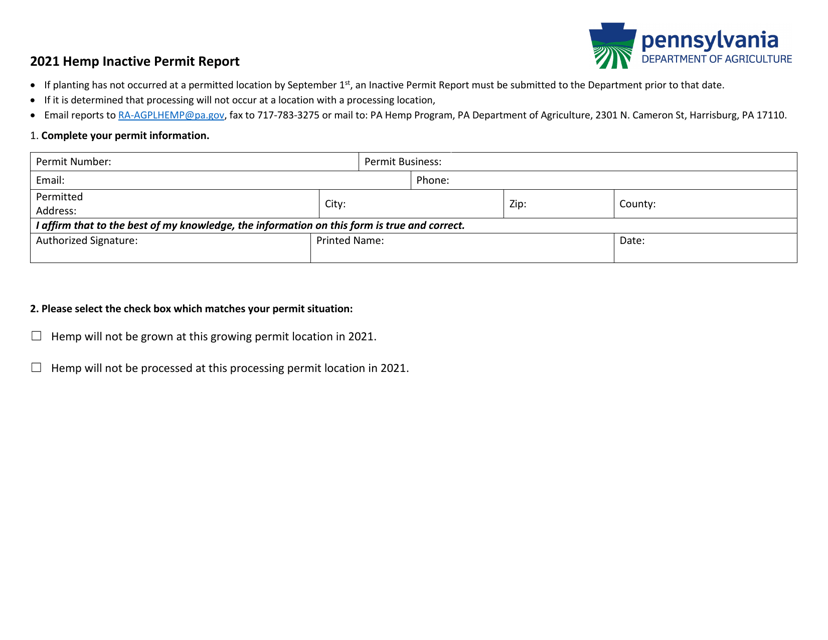 Hemp Inactive Permit Report - Pennsylvania, 2021