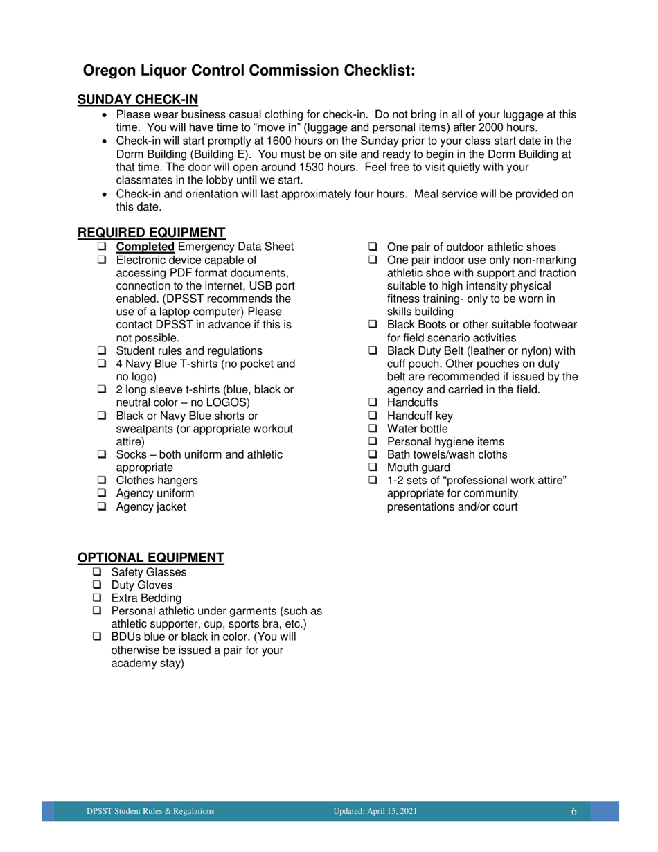 Oregon Liquor Control Commission Checklist - Oregon, Page 1