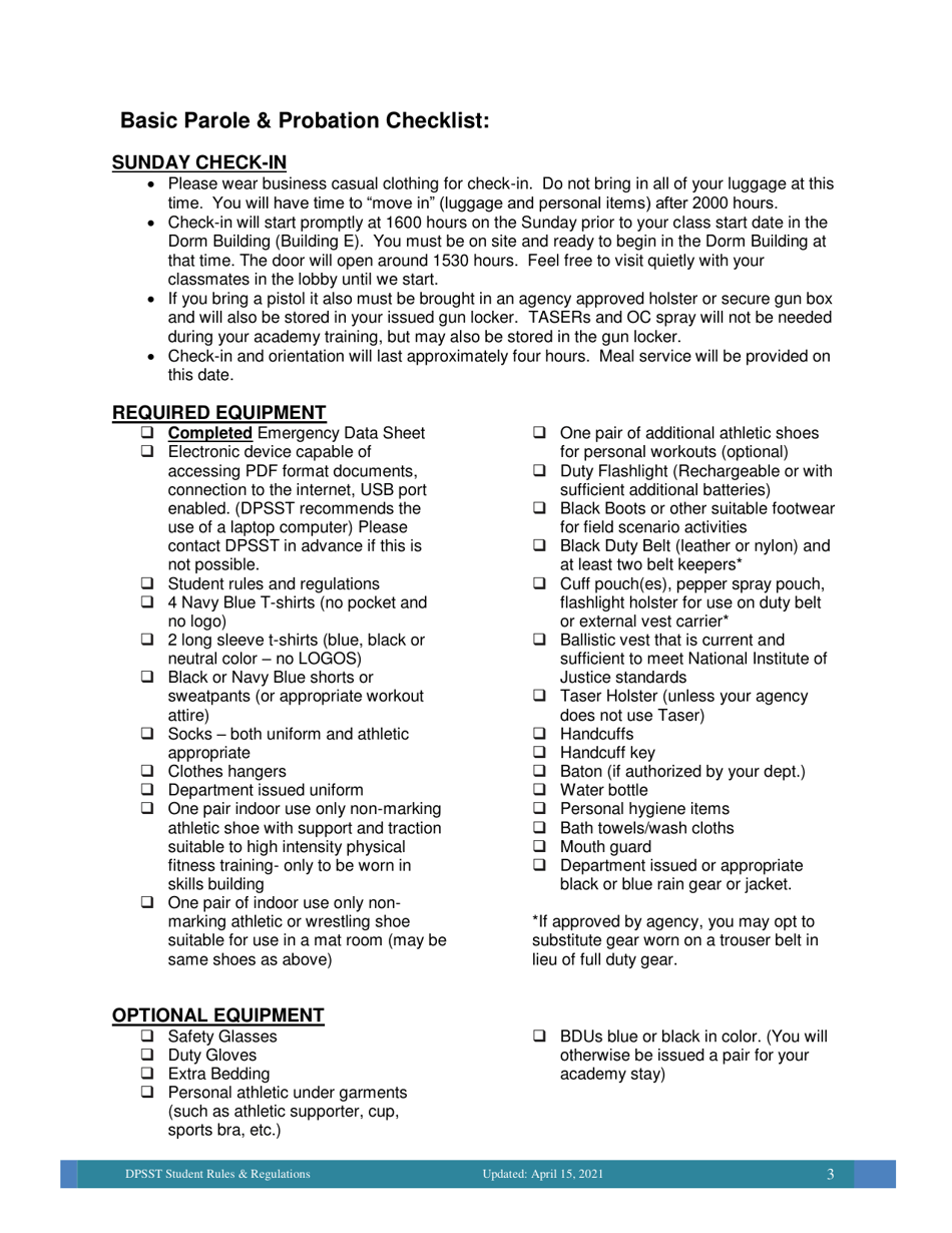 Basic Parole  Probation Checklist - Oregon, Page 1