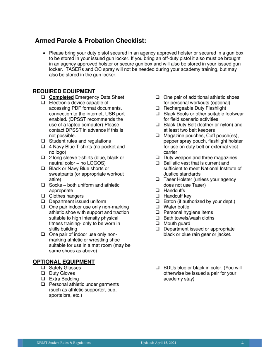 Oregon Armed Parole & Probation Checklist Download Printable PDF