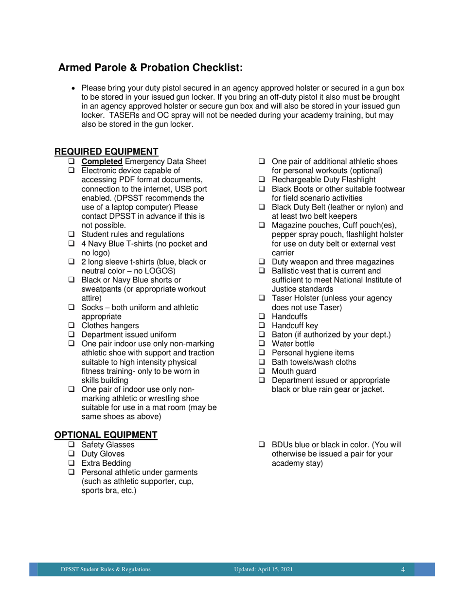 Armed Parole  Probation Checklist - Oregon, Page 1