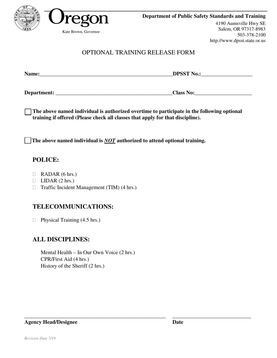 Optional Training Release Form - Oregon, Page 1