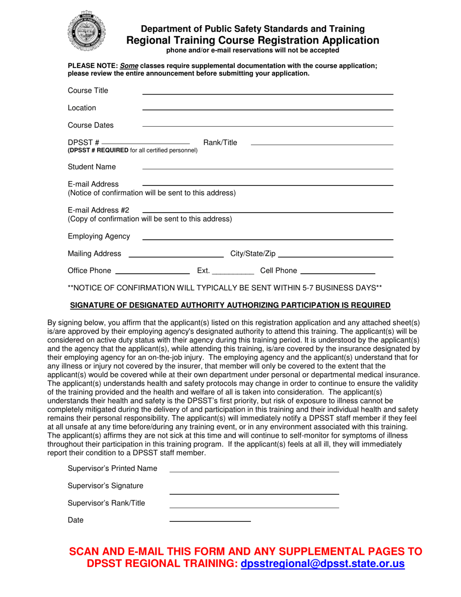 Regional Training Course Registration Application - Oregon, Page 1