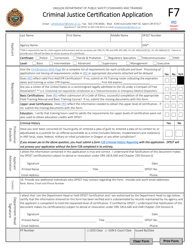 Form F7 &quot;Criminal Justice Certification Application&quot; - Oregon