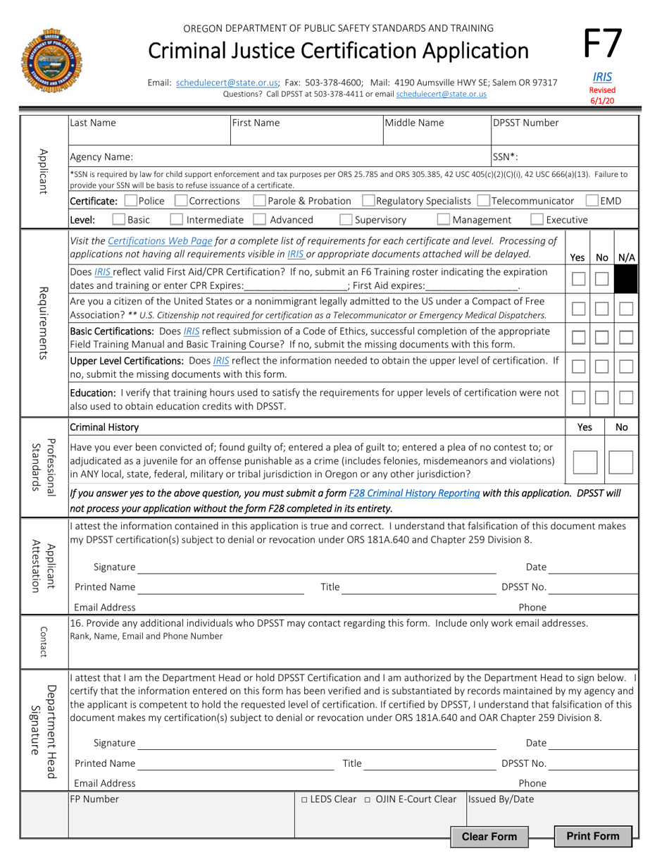 Form F7 Criminal Justice Certification Application - Oregon, Page 1
