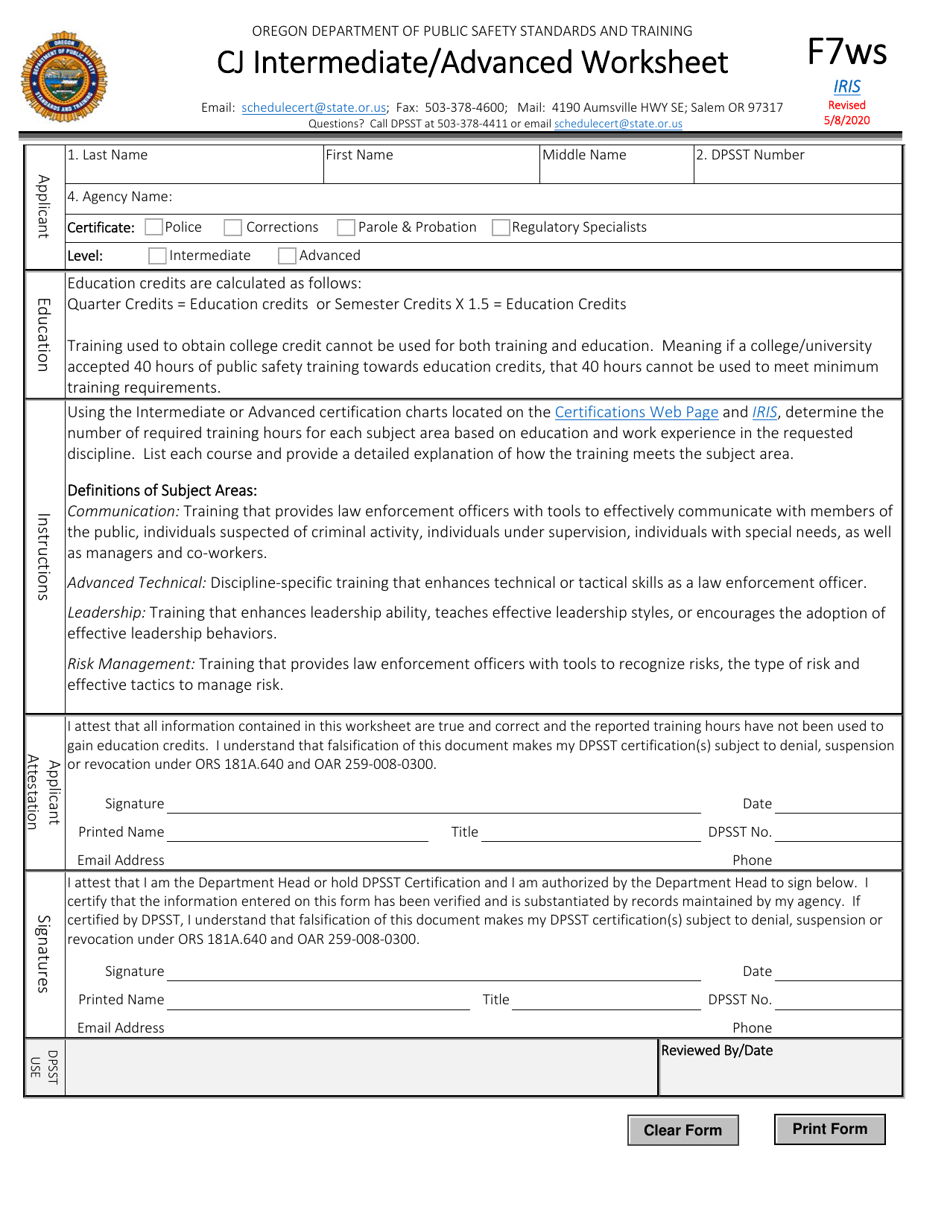 Form F7WS Cj Intermediate / Advanced Worksheet - Oregon, Page 1