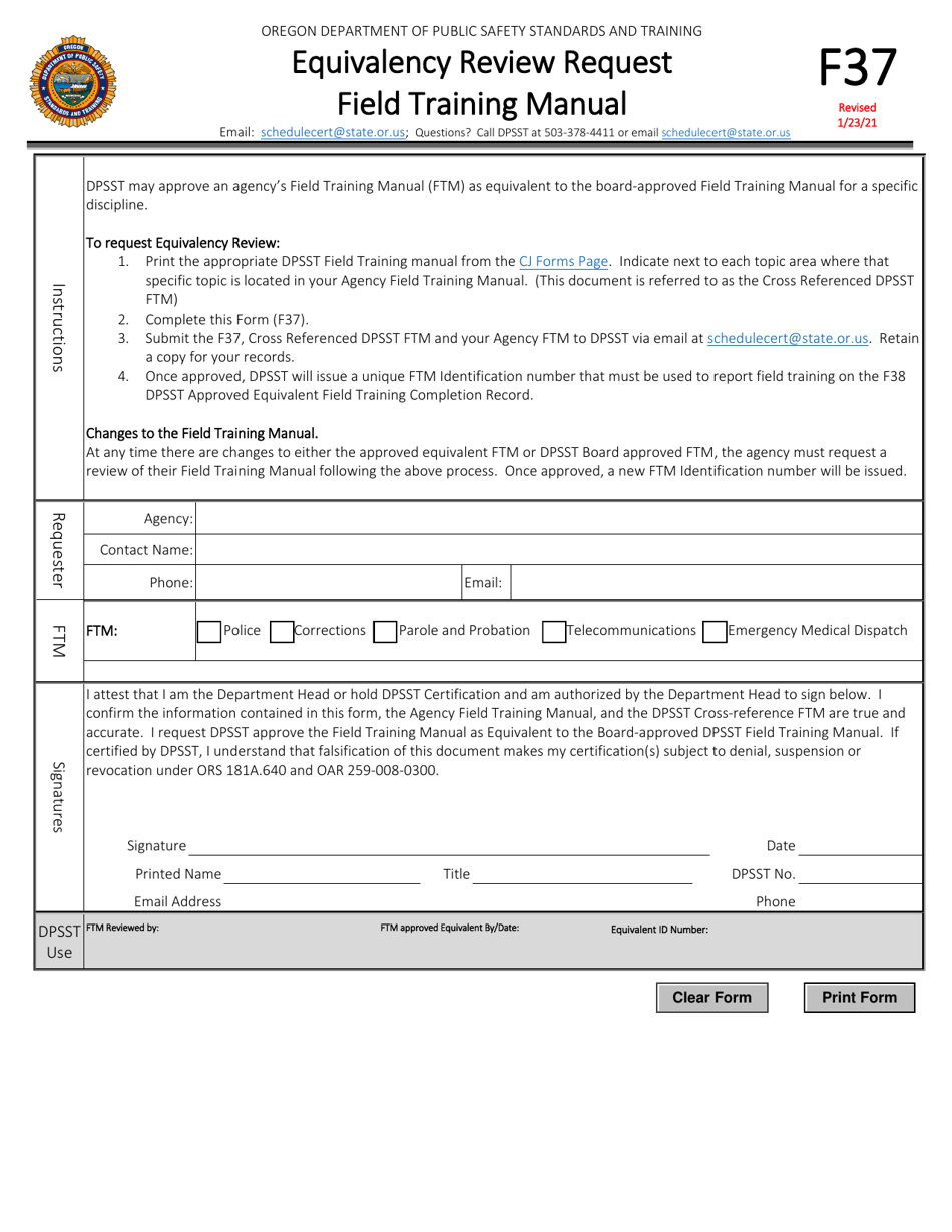 Form F37 Equivalency Review Request - Field Training Manual - Oregon, Page 1