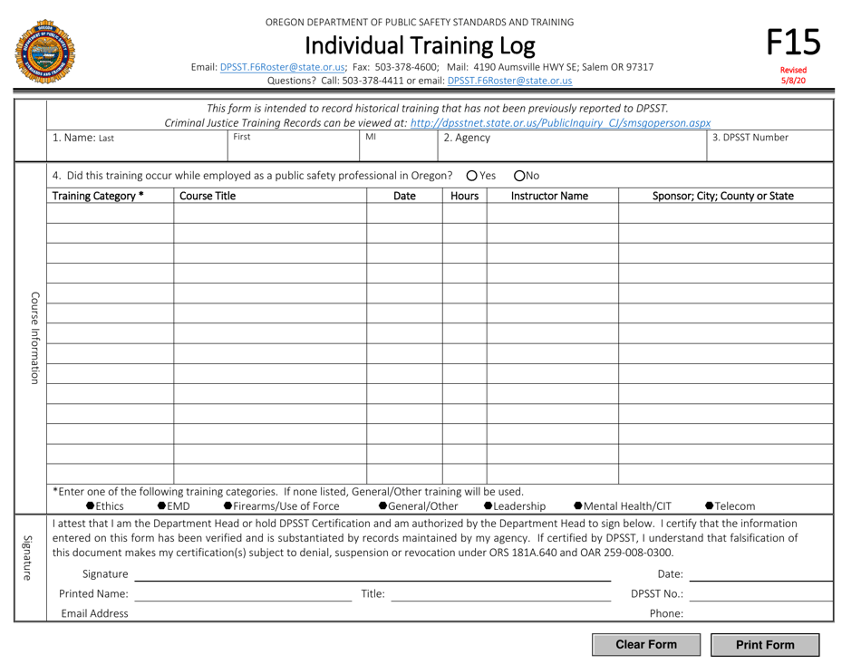Form F15 Individual Training Log - Oregon, Page 1
