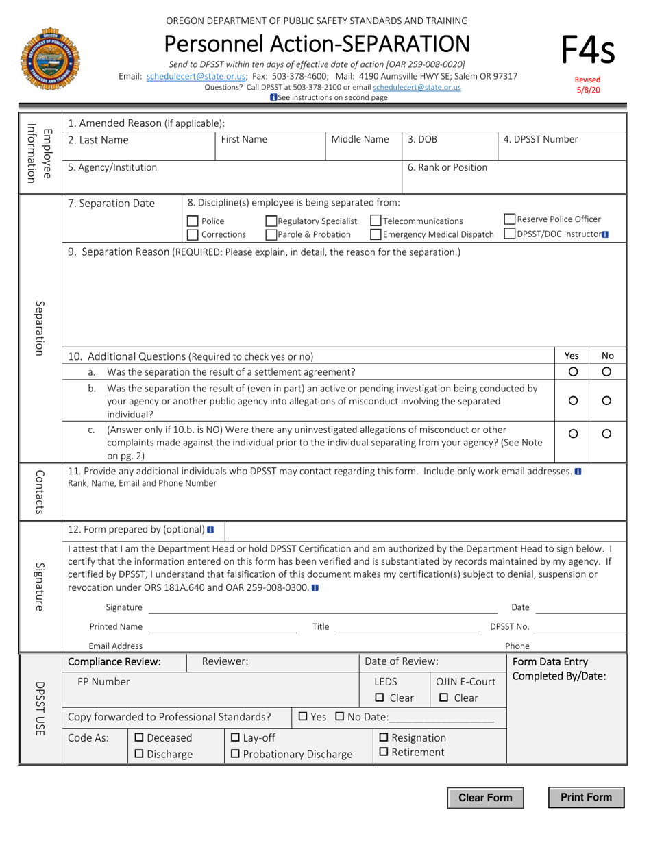 Form F4S Personnel Action - Separation - Oregon, Page 1