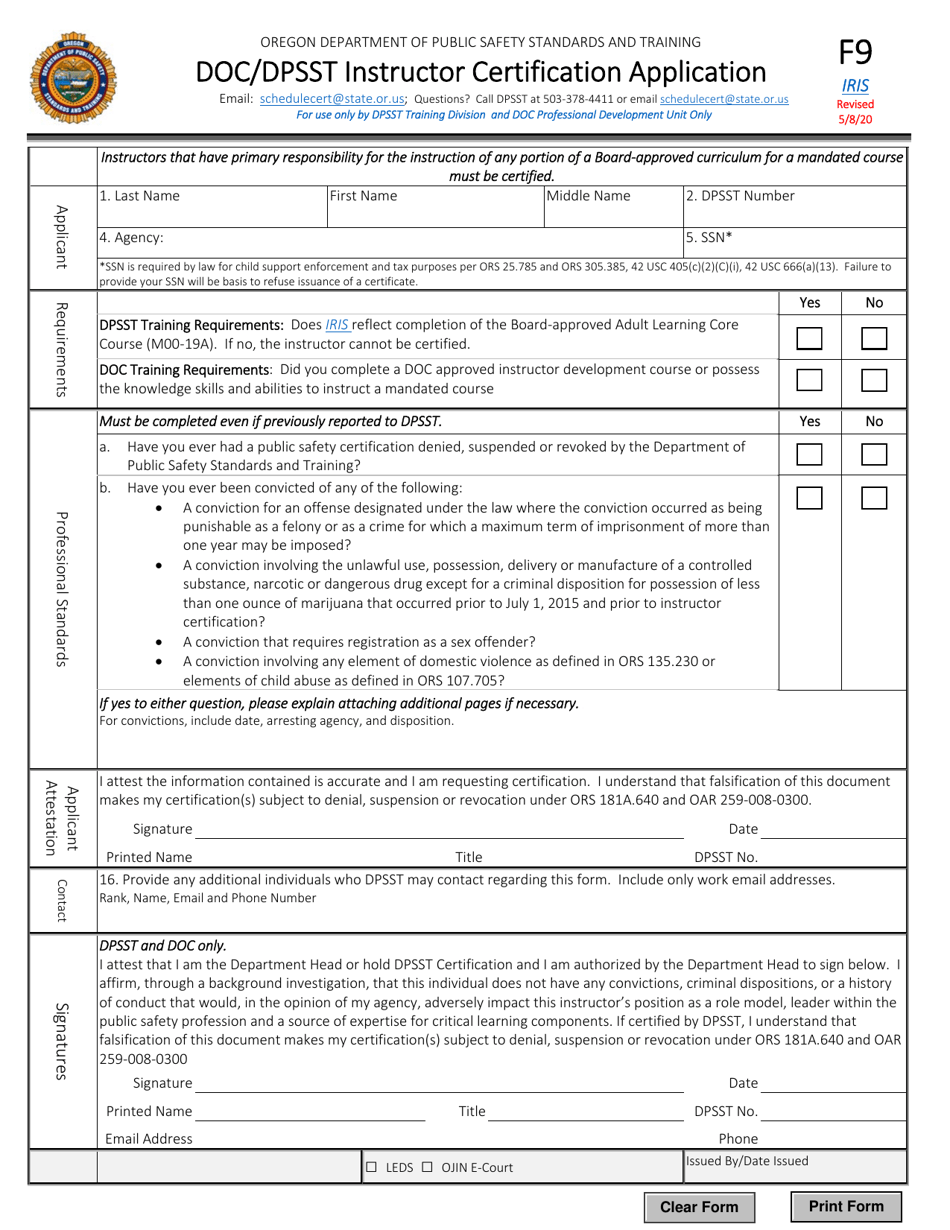 Form F9 Doc / Dpsst Instructor Certification Application - Oregon, Page 1