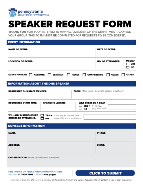 Pennsylvania Speaker Request Form Fill Out Sign Online and Download