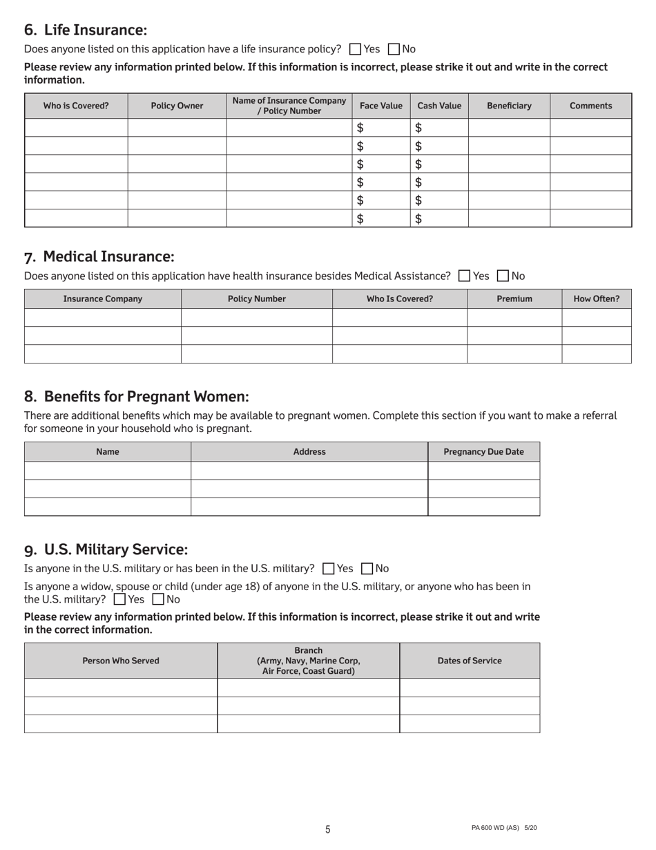 Form PA600 WD (AS) Application for Medical Assistance for Workers With Disabilities - Pennsylvania, Page 6