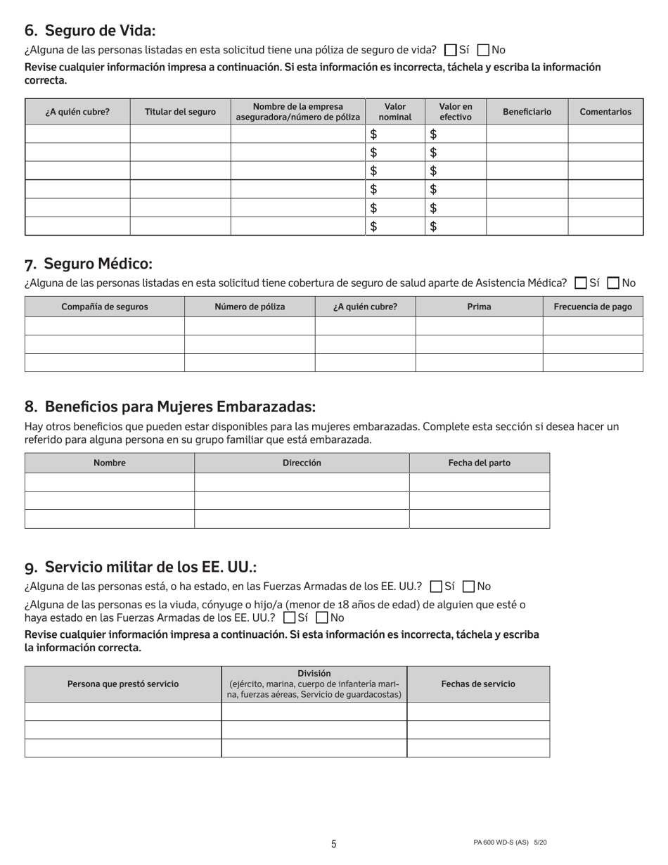 Formulario PA600 WD-S Solicitud De Asistencia Medica Para Trabajadores Con Discapacidades - Pennsylvania (Spanish), Page 6