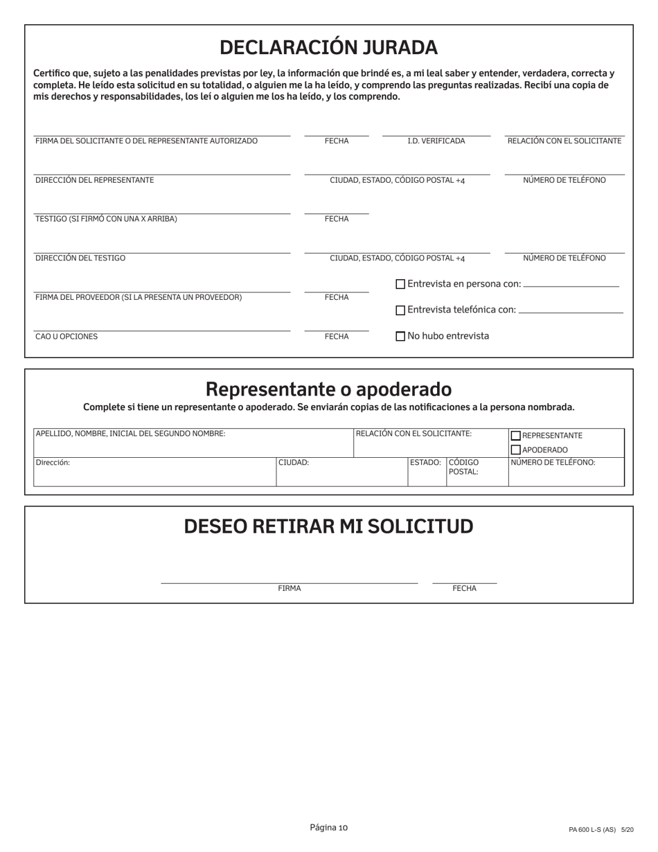 Formulario PA600 L-S Asistencia Medica (Medicaid) Solicitud De Elegibilidad Economica Para Recibir Servicios, Asistencia Y Cuidado a Largo Plazo - Pennsylvania (Spanish), Page 10