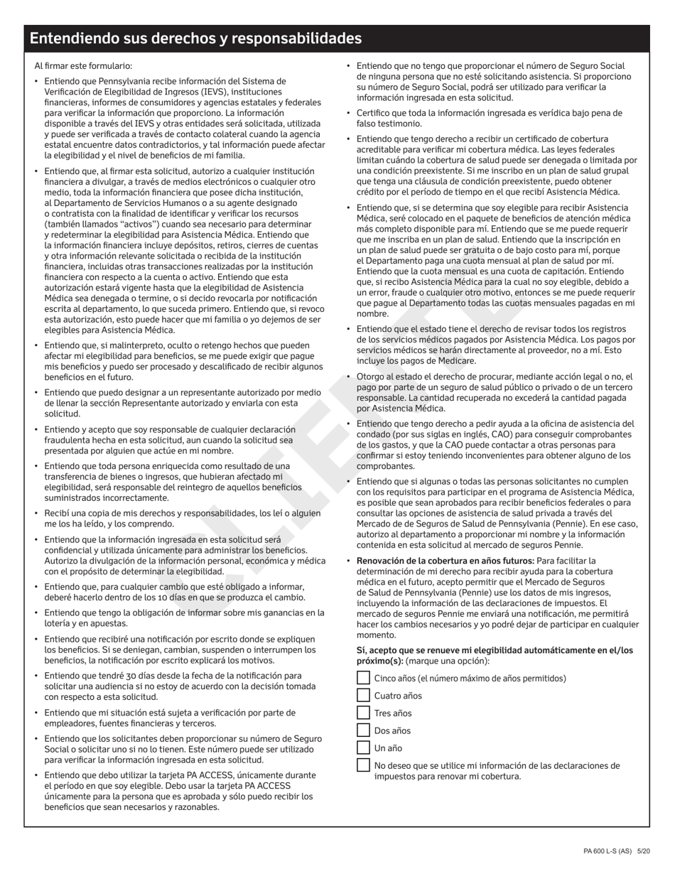 Formulario PA600 L-S Asistencia Medica (Medicaid) Solicitud De Elegibilidad Economica Para Recibir Servicios, Asistencia Y Cuidado a Largo Plazo - Pennsylvania (Spanish), Page 12