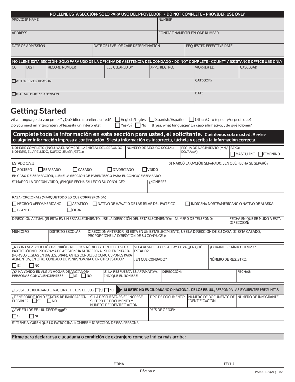 Formulario PA600 L-S Asistencia Medica (Medicaid) Solicitud De Elegibilidad Economica Para Recibir Servicios, Asistencia Y Cuidado a Largo Plazo - Pennsylvania (Spanish), Page 2