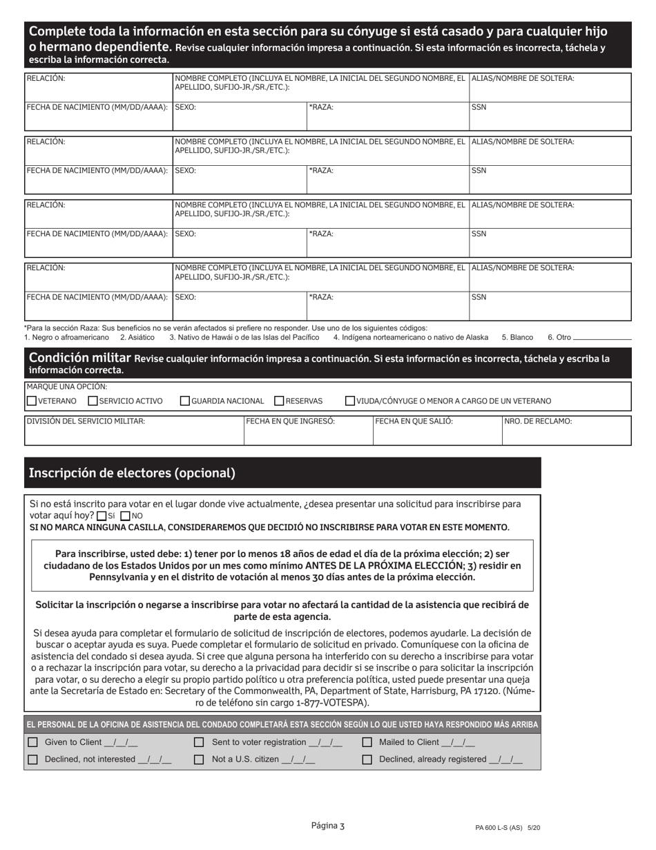 Formulario PA600 L-S Asistencia Medica (Medicaid) Solicitud De Elegibilidad Economica Para Recibir Servicios, Asistencia Y Cuidado a Largo Plazo - Pennsylvania (Spanish), Page 3