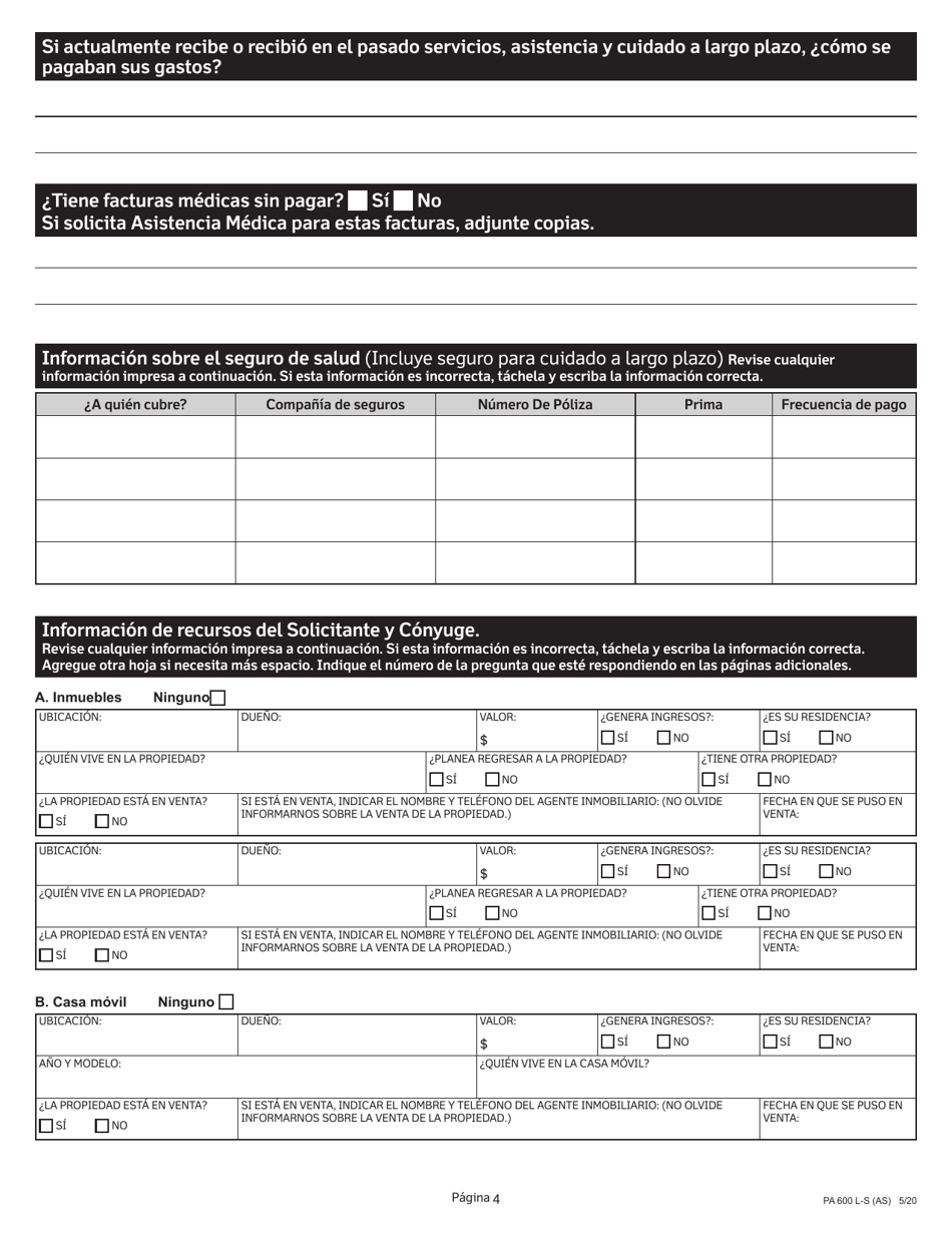 Formulario PA600 L-S Asistencia Medica (Medicaid) Solicitud De Elegibilidad Economica Para Recibir Servicios, Asistencia Y Cuidado a Largo Plazo - Pennsylvania (Spanish), Page 4